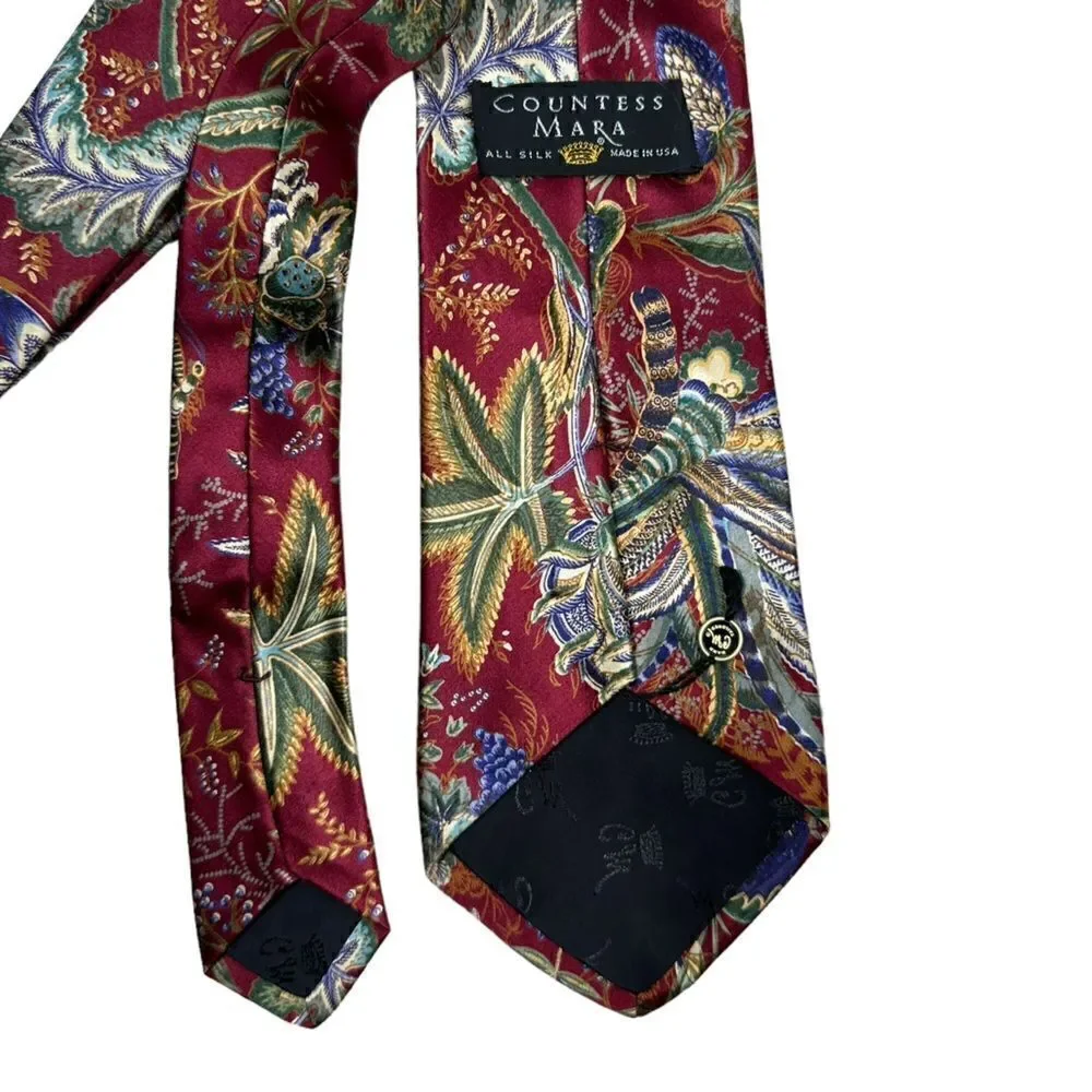 Countess Mara Mens Maroon Red Floral Print 100% Silk Neck Tie